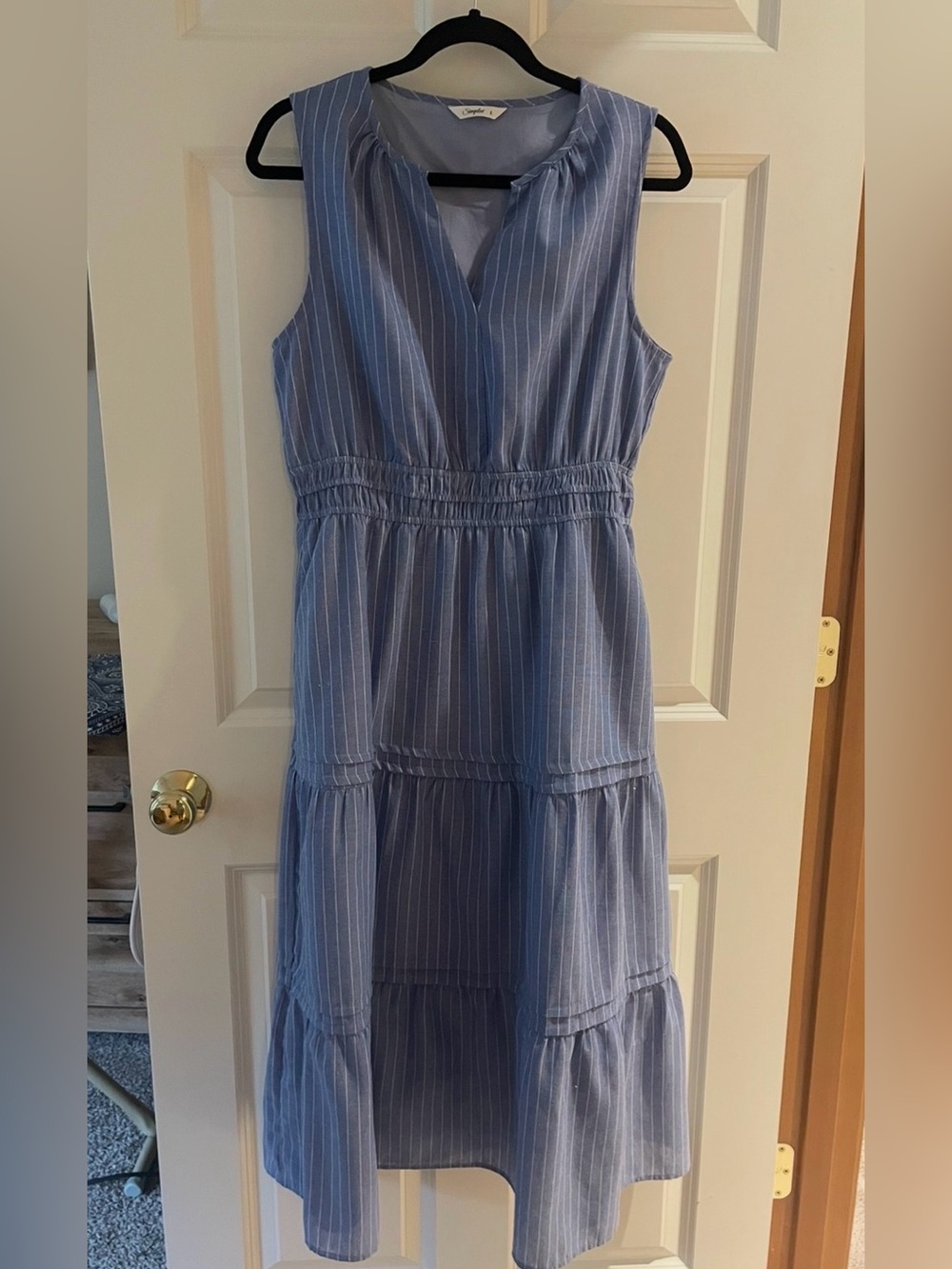 Simplee Apparel Blue and White Pinstripe Tiered Midi Dress